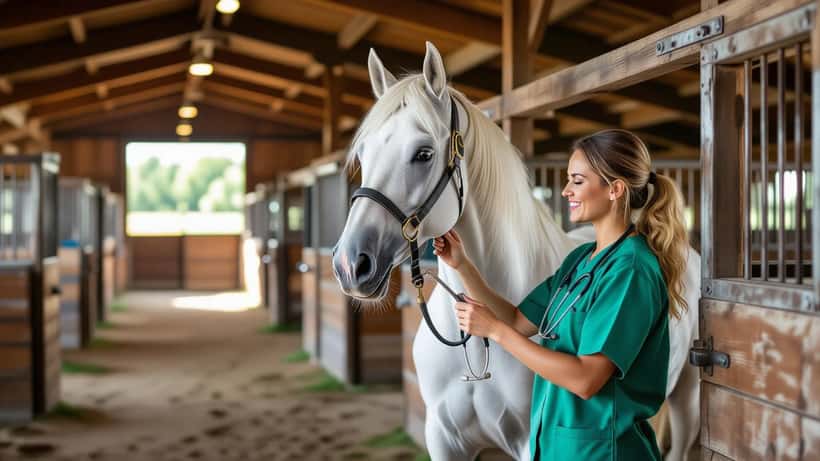 Médico-veterinário examinando um cavalo andaluz branco em um haras profissional