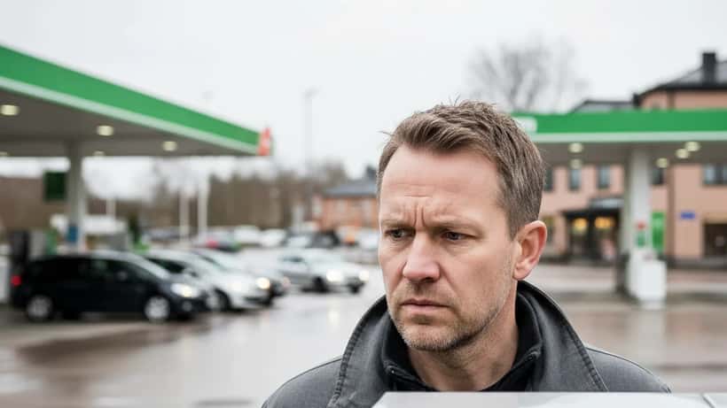 Svensk man vid bensinstationen ser bekymrad ut vid prisskylten, vår 2026