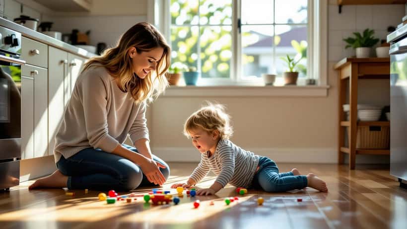 Australian mother calmly sitting beside her toddler having a tantrum on the kitchen floor in a Sydney home