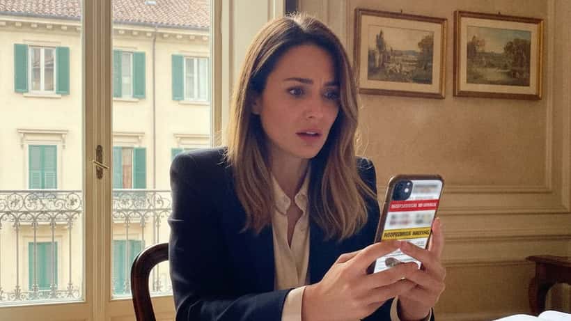 Donna italiana preoccupata che guarda fake news su smartphone con documenti legali sul tavolo a Milano