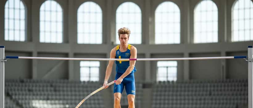 Stavhoppare tränar inomhus i en arena med hög fart och teknisk precision