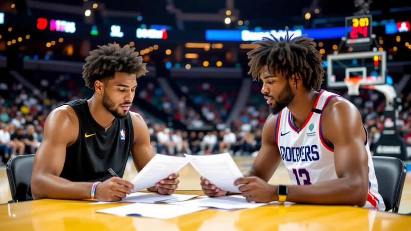 Basketball rookies review contract paperwork at the 2026 NBA Summer League in Las Vegas