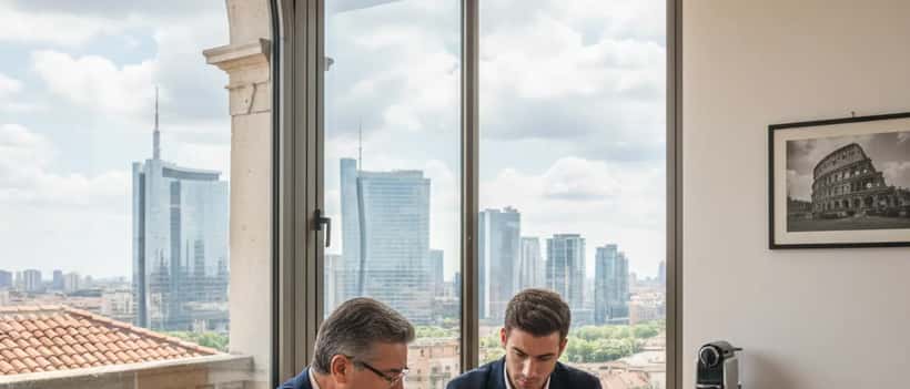 Avvocato del lavoro italiano che esamina contratti di lavoro con un dipendente in un ufficio moderno