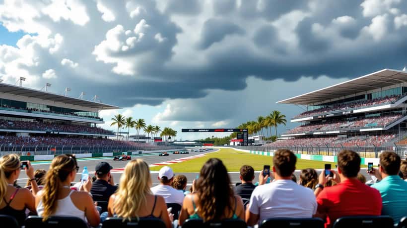 Åskådare i F1-läktare med mörka stormmoln byggande sig på horisonten bakom tävlingsbanan i Miami