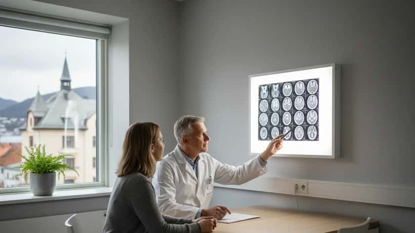 Norsk nevrolog som gjennomgår hjerneskanbilder med en pasient på en konsultasjon i Ålesund