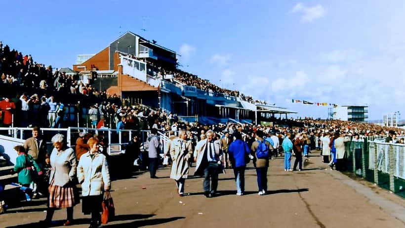 Crowds and horses at the Grand National at Aintree racecourse