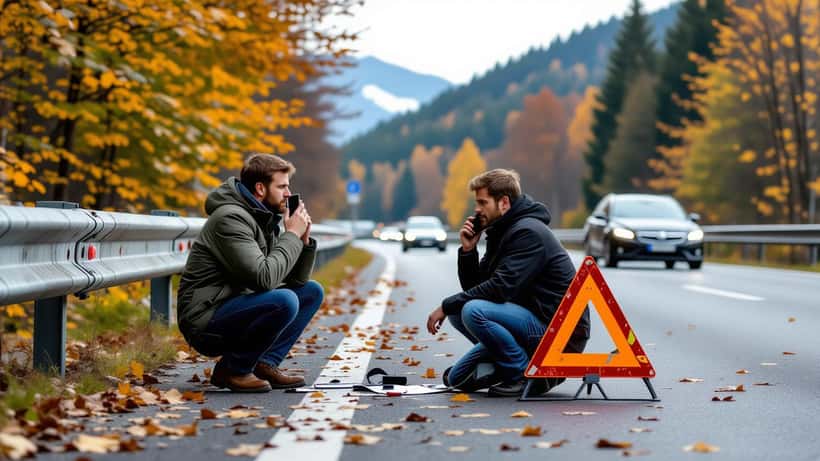 Ersthelfer am Unfallort an einer österreichischen Bundesstraße ruft den Notruf 144