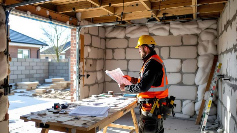 Builder examining wall insulation in a half-converted garage in Belfast, building regulation documents on workbench