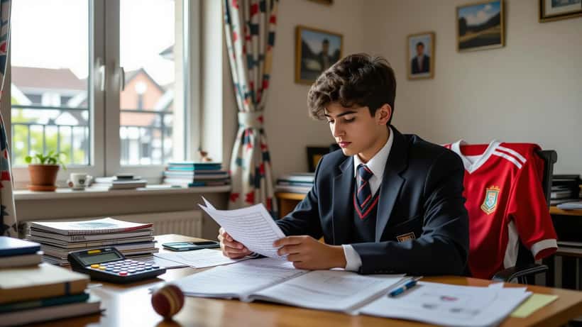 Afghan-heritage student working through cricket scorecards and GCSE statistics at a London study desk