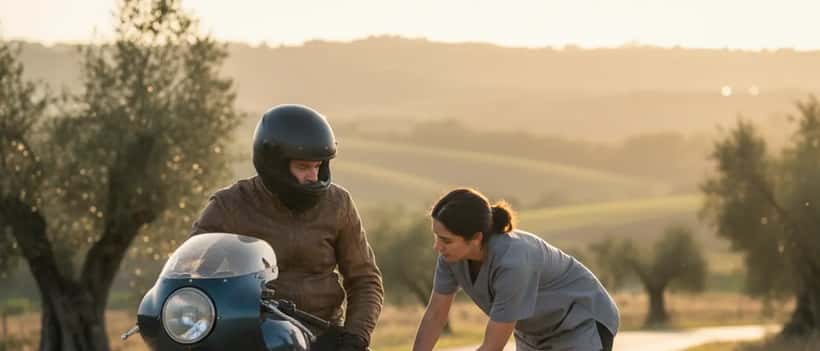 Motocycliste avec casque et équipement protecteur examiné par un médecin du sport après une chute