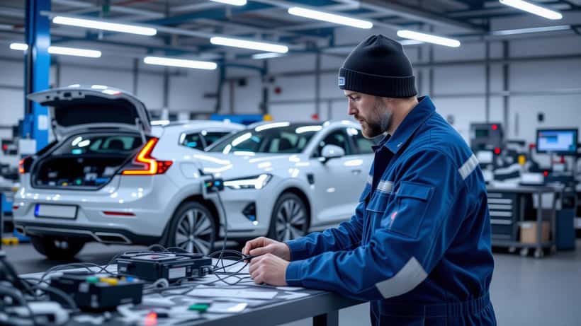 Bilmekaniker kontrollerar elbilsbatteri och diagnostik i verkstad inför vintern 2026