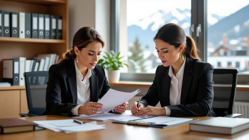 Une avocate en droit du travail examine un certificat médical avec une employée dans un cabinet suisse