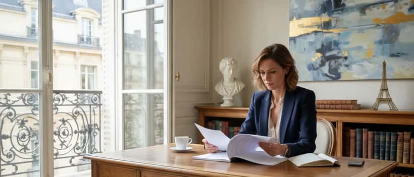 Femme professionnelle française relisant un contrat d'artiste dans un bureau élégant