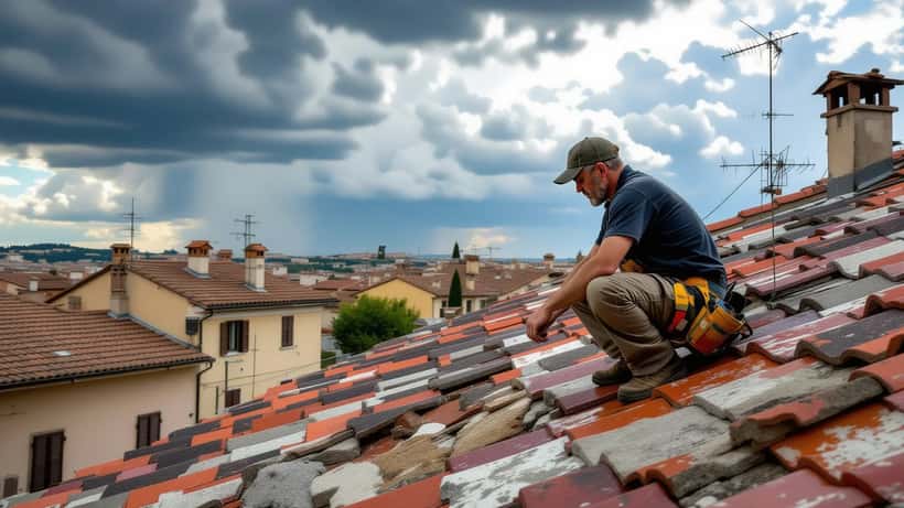 Proprietario di casa che ispeziona danni sul tetto dopo una grandinata in Italia
