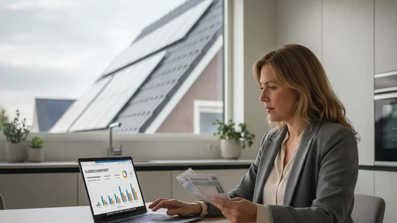 Nederlandse vrouw analyseert energierekening en verbruiksdata op laptop in moderne keuken
