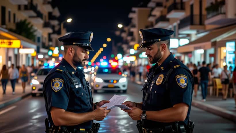 Pattuglia della Polizia di Stato che controlla i documenti di turisti sul lungomare di Gallipoli di notte, estate 2026