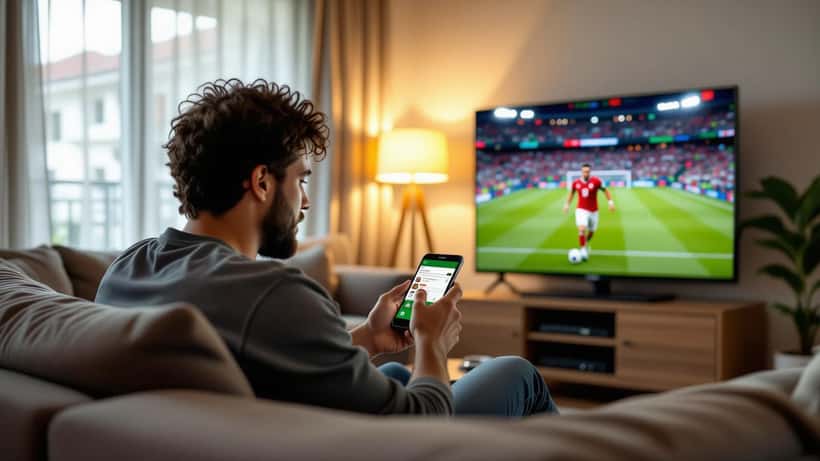 Brasileiro olhando app de estatísticas de futebol no celular em apartamento de São Paulo com jogo na televisão ao fundo