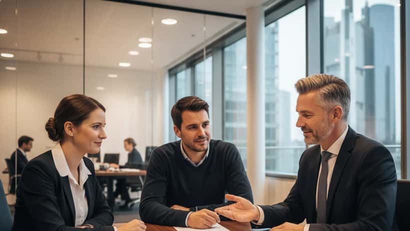 Finanzberater berät ein Ehepaar in einem modernen Büro in Frankfurt zu ihrem Portfolio während der Energiekrise