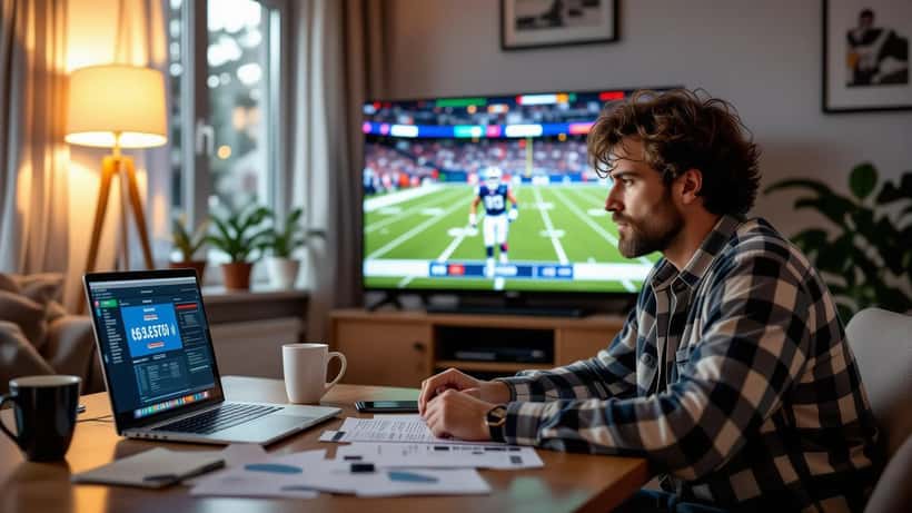 Canadian man reviewing sports betting app losses on laptop with NFL game playing in background