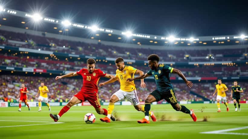 Spain and Belgium fans fill a floodlit soccer stadium during an international match in 2026