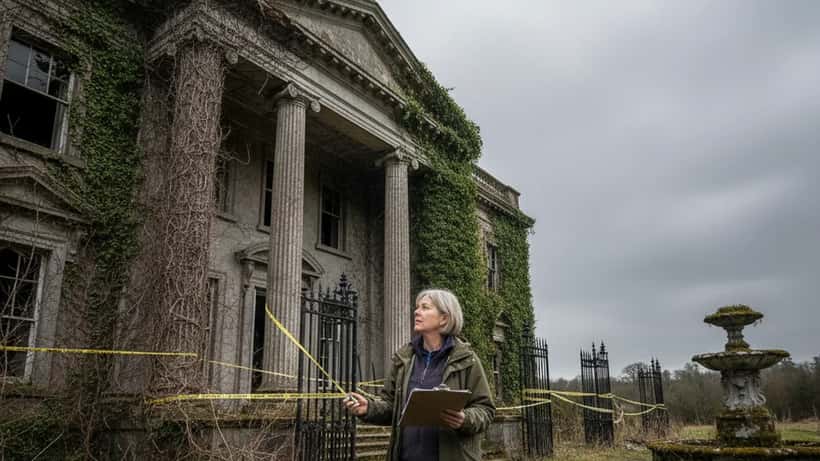 Chartered surveyor examining the crumbling facade of a listed heritage mansion in Wales