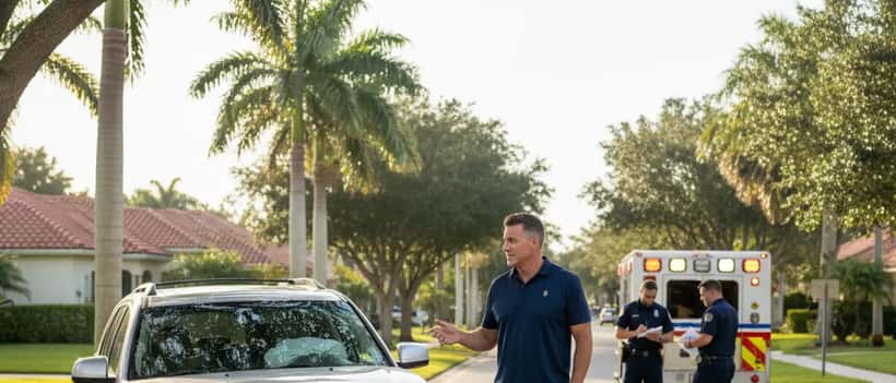 Athletic man standing beside a damaged vehicle on a palm-lined road in Florida, speaking with emergency responders