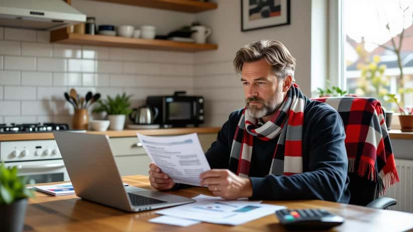 Nederlandse voetbalsupporter bestudeert fan-obligaties en financiële documenten aan keukentafel