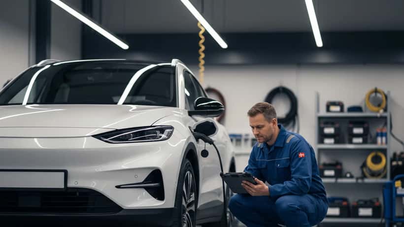 Dansk mekaniker inspicerer elektrisk SUV i moderne autoværksted i Aarhus