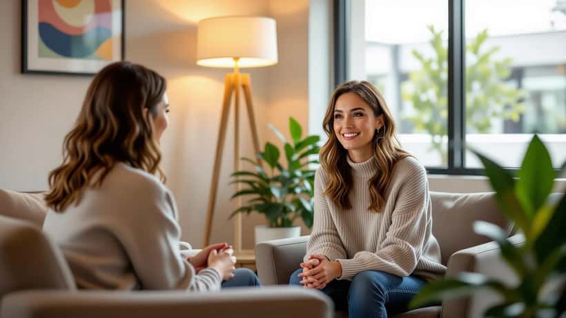 A compassionate therapist provides mental health support to a young adult in a modern Australian consultation room