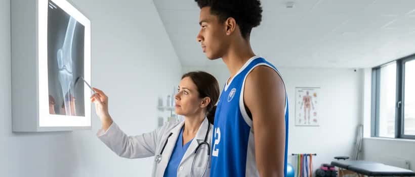 Joueur de basketball de grande taille consulte un médecin du sport dans une clinique
