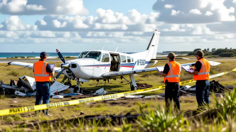 Investigators in reflective vests examining wreckage of a small commuter aircraft near a coastal runway