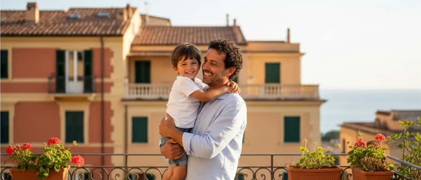 Padre e figlio si abbracciano sul terrazzo in una giornata di sole