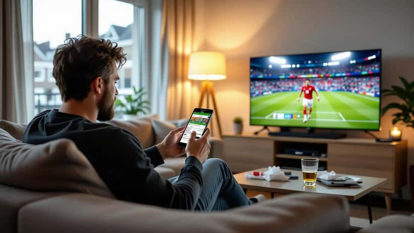 Man checkt sportweddenschappen op smartphone terwijl voetbal op tv speelt