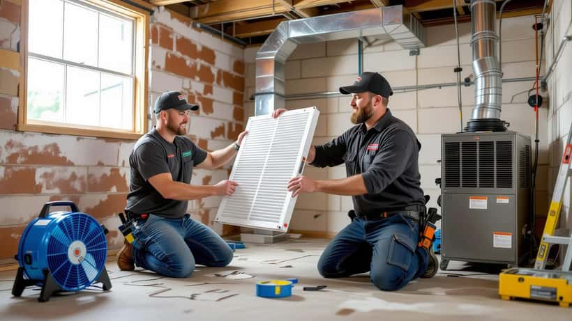 HVAC technician installing a MERV 13 furnace filter as orange wildfire smoke haze fills the sky outside