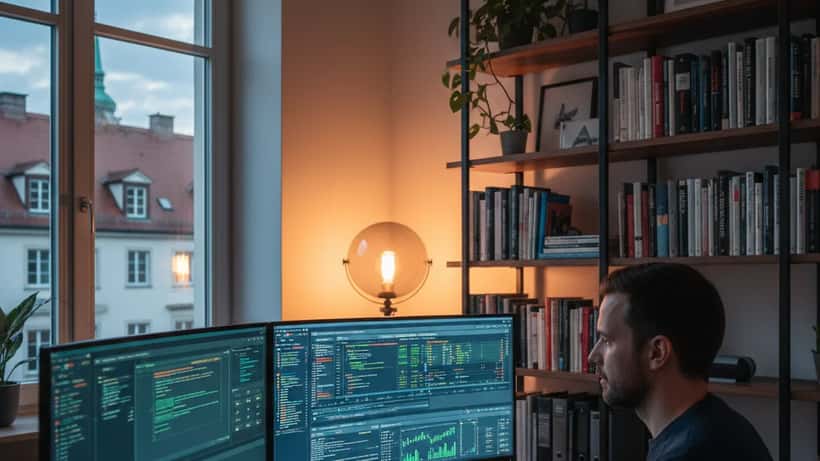 IT-Sicherheitsexperte am Workstation mit Spielkonsole und Netzwerk-Monitoring in München