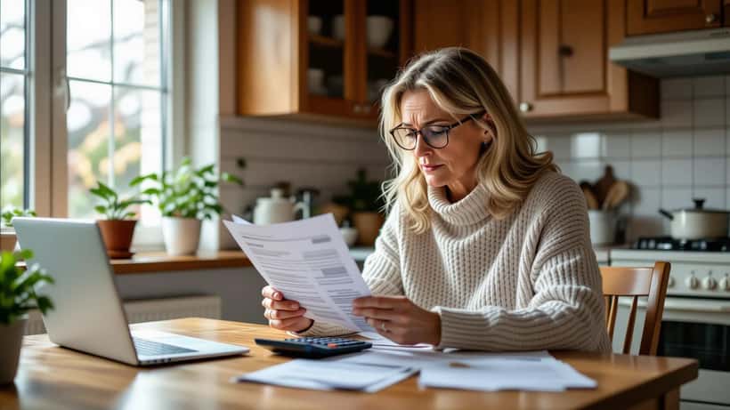 Nainen tarkastelee sähkölaskuaan laskimen ja tietokoneen kanssa keittiön pöydän ääressä Espoossa