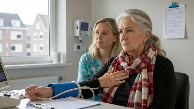 Oudere vrouw met hand op borst in huisartsenpraktijk, ECG-uitslag op tafel, gebroken hart syndroom na rouw