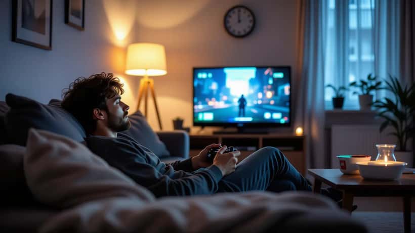 Tired adult man gaming alone at 3am, face lit by TV screen glow, takeaway containers on coffee table