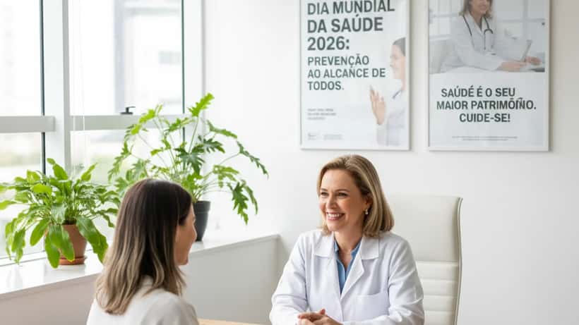 Médica brasileira em consultório moderno em São Paulo conversando com paciente sobre saúde preventiva