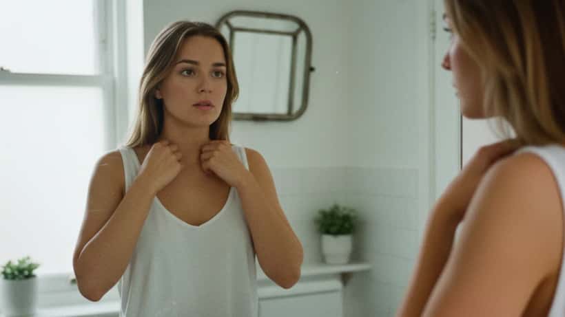 Young woman in UK flat self-examining her neck looking concerned, phone showing NHS website on counter
