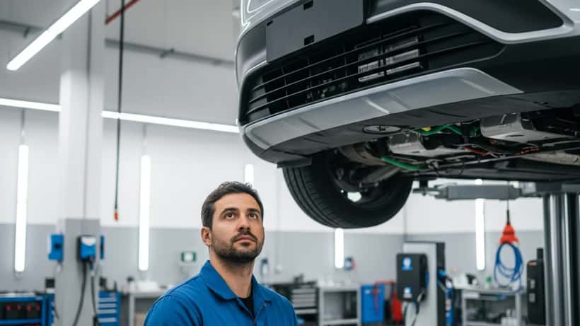 Mecânico certificado examinando BYD Dolphin elétrico em oficina moderna em São Paulo