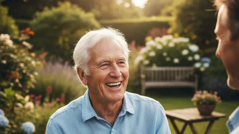 Active elderly British man in his 90s enjoying a sunny garden, representing healthy ageing and longevity