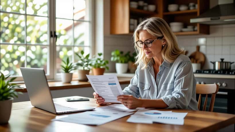 Australian woman reviewing superannuation statements on laptop at kitchen table with concerned expression