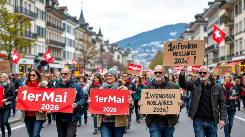 Manifestation du 1er mai 2026 à Lausanne, travailleurs suisses avec drapeaux syndicaux rouges