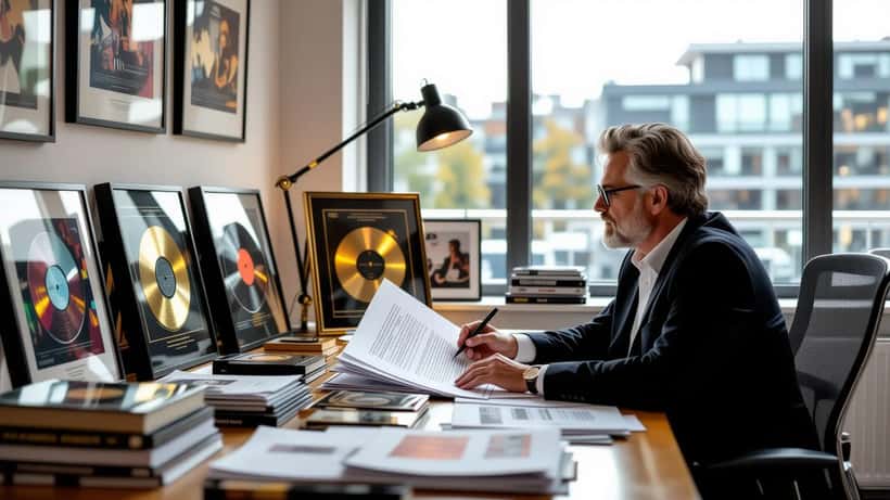 Music lawyer reviewing Oasis documentary streaming contract in London office with gold records on wall