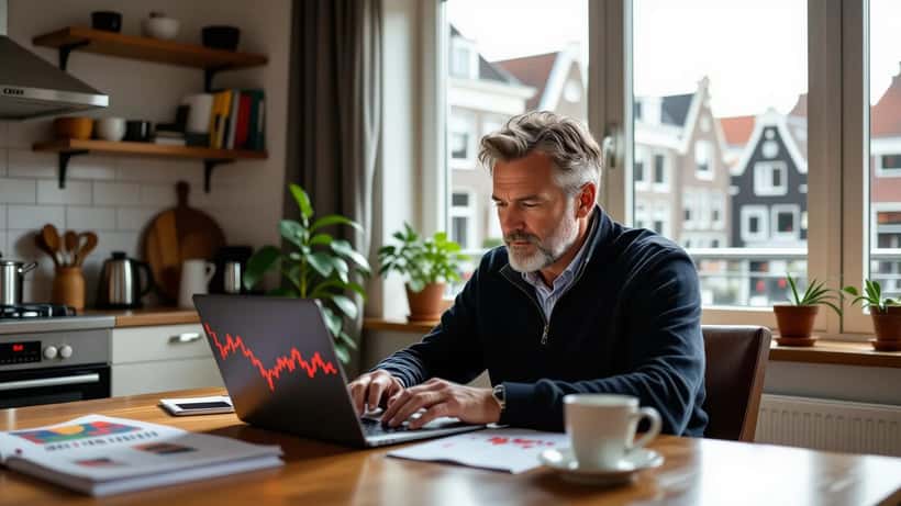 Belegger controleert dalende aandelenkoersen op laptop aan keukentafel