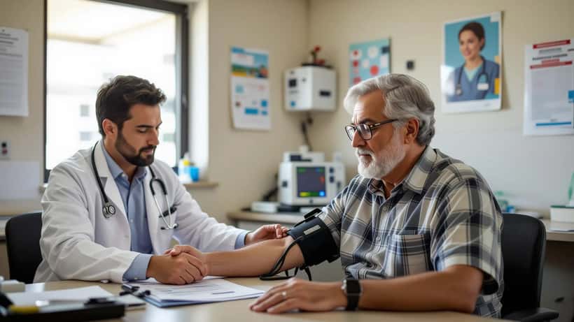 Médico mede tensão arterial a paciente em consulta de medicina preventiva