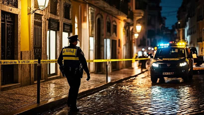 Agente da PSP a delimitar local de crime numa rua de Lisboa à noite com fita de segurança amarela