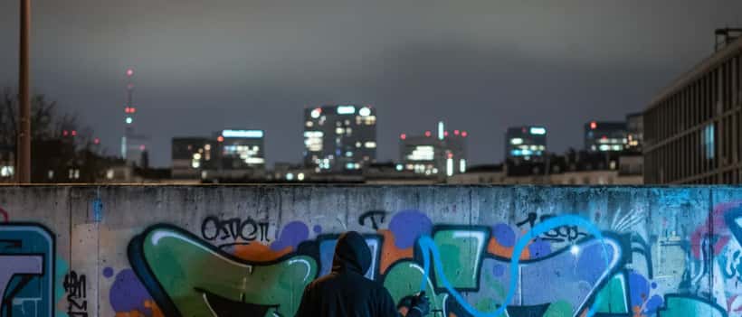 Artiste graffiti anonyme en hoodie sombre travaillant sur un mur urbain de nuit