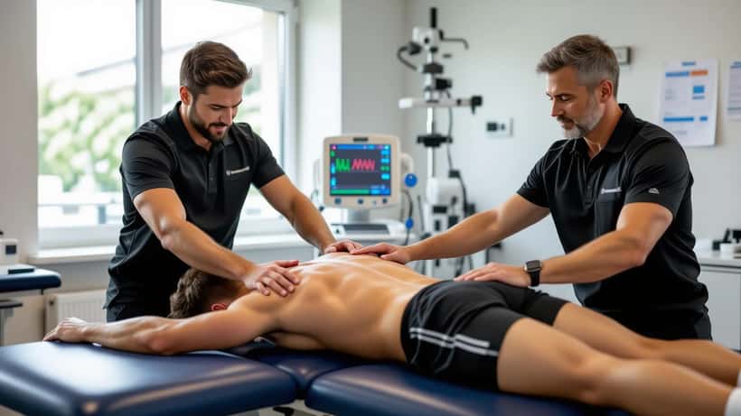 Un médecin du sport examine les ischio-jambiers d'un athlète sur une table de soins en clinique